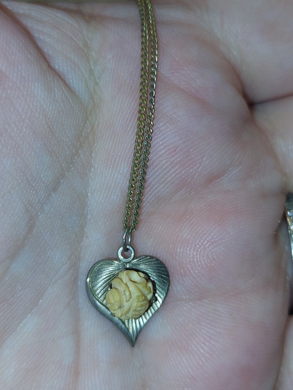 Gold-Tone Heart Pendant Necklace with Carved Cream Rose